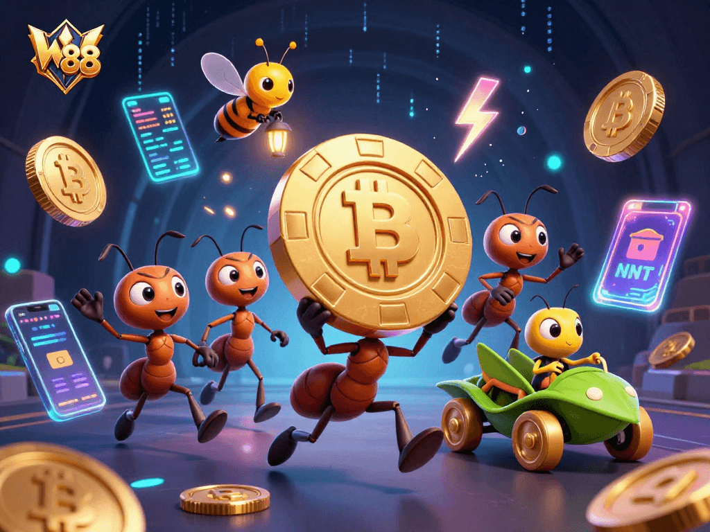 W88 casino heist with animated ants, golden poker chip in a vibrant digital landscape