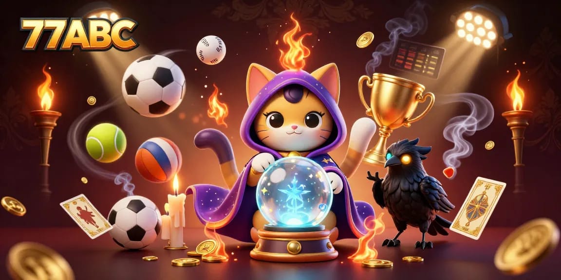 Capture winning moments at 77ABC with a magical illustration of a fortune teller cat and mystical elements.