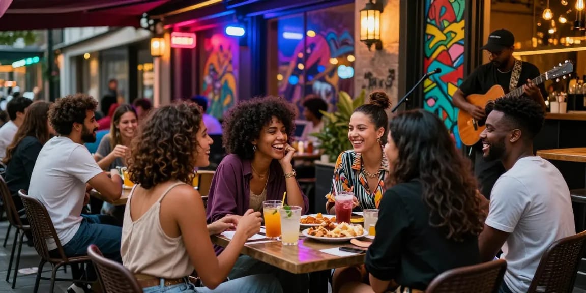 Friends enjoying nightlife at a café showcasing rokok88 vibes with neon lights and lively atmosphere.