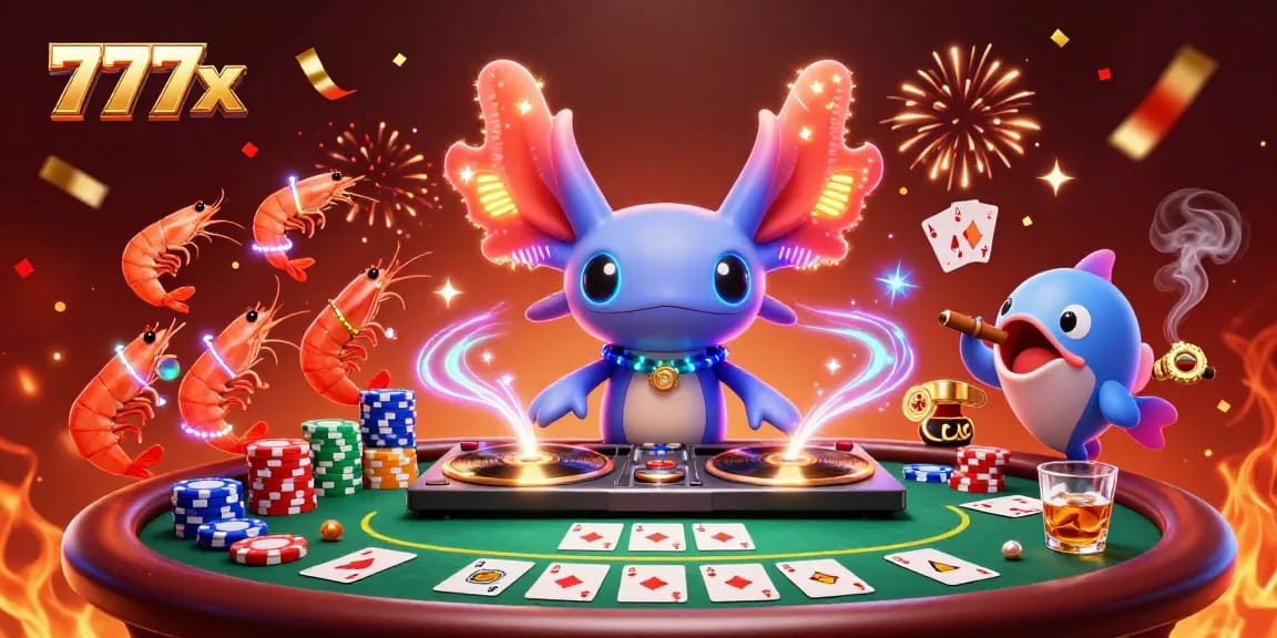 Experience the vibrant 777x casino world with neon characters celebrating wins around a poker table.