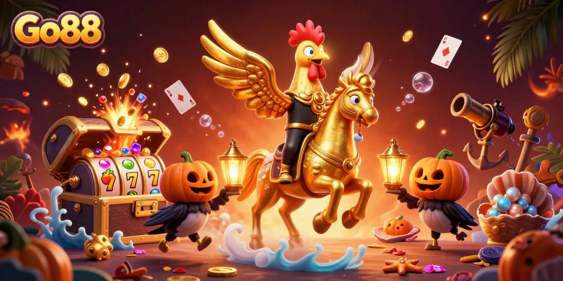 Experience gaming thrills at Go88 with a golden rooster gaming scene, enriched with slots, treasures, and vibrant illustrations.