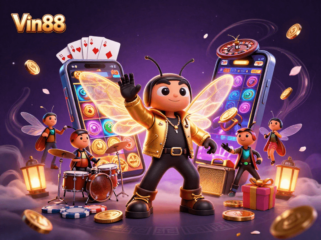 Vin88 features a vibrant 3D casino scene with a cicada rock star and game elements creating exhilarating excitement.