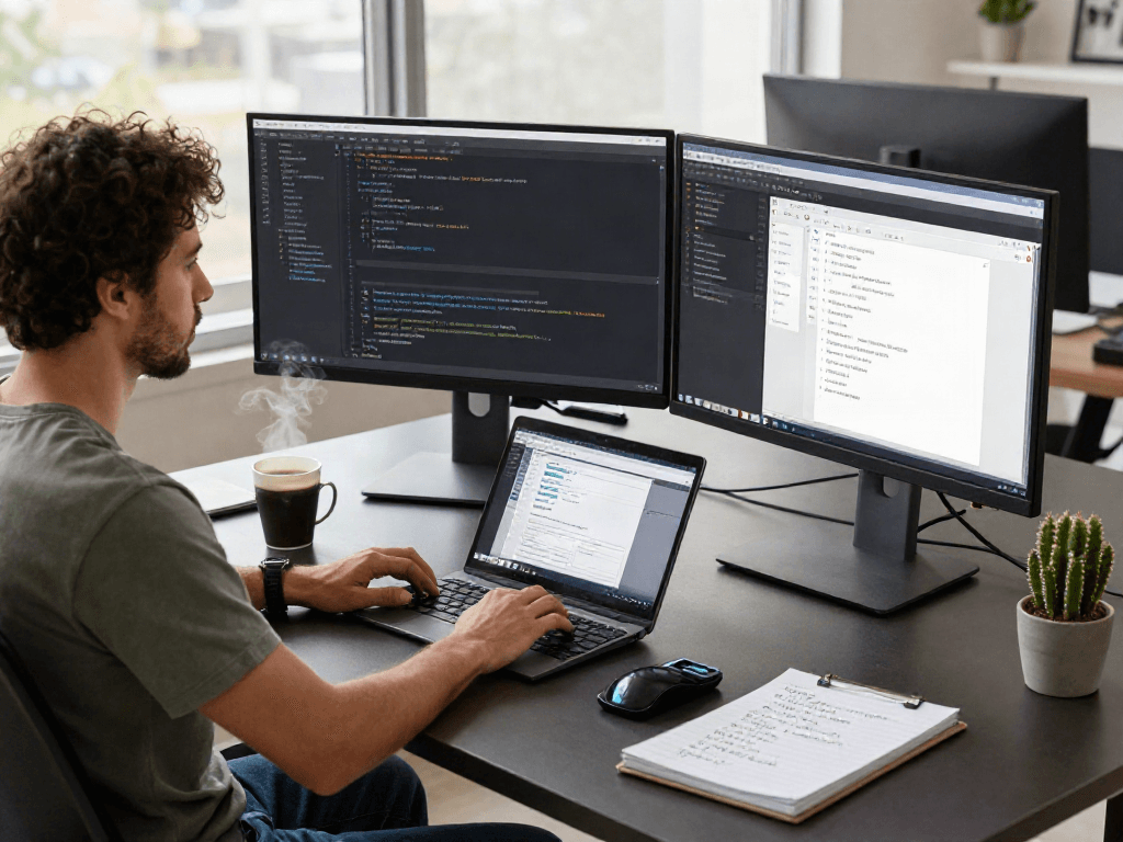 Dynamic tech workspace showcasing crushon ia application development setup with dual monitors and collaborative elements.