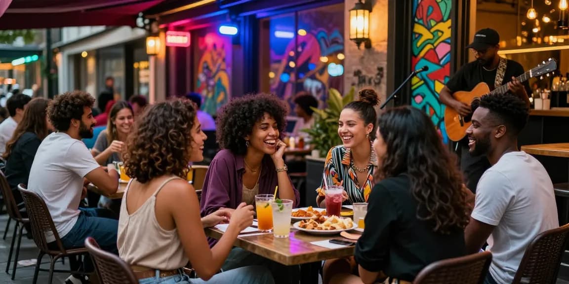 Friends enjoying nightlife at a café showcasing rokok88 vibes with neon lights and lively atmosphere.