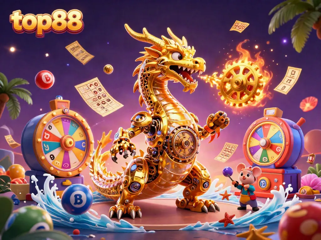 Engage with top88's thrilling game dynamics featuring a golden dragon and colorful lottery balls.