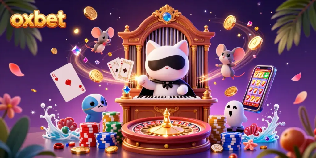 Spin lucky reels and winning at OXBET with vibrant casino characters and gold coins flying