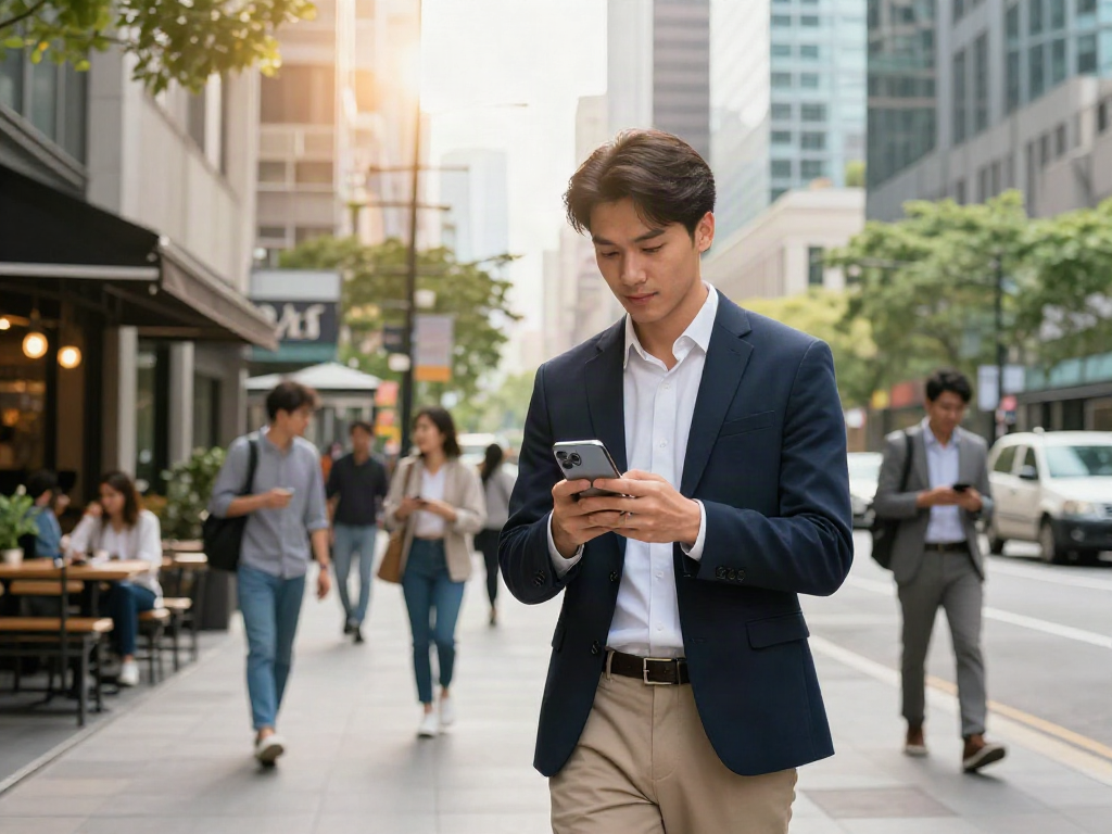 Youthful professional interacts with the rokok88 app in a vibrant city setting, embodying modern urban lifestyle.