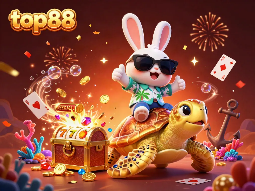Engage in thrilling games with top88 as a lucky rabbit rides a golden turtle amidst vibrant casino elements.