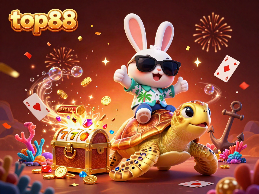 Engage in thrilling games with top88 as a lucky rabbit rides a golden turtle amidst vibrant casino elements.