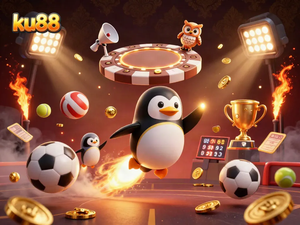 Bet big with ku88 at a vibrant casino-themed digital illustration featuring dynamic sports elements.