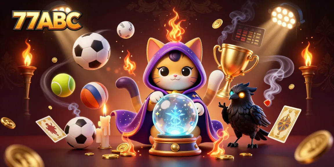 Capture winning moments at 77ABC with a magical illustration of a fortune teller cat and mystical elements.