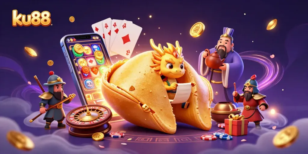 ku88 offers an exciting gaming atmosphere with golden fortunes, coins, and vibrant slot games.