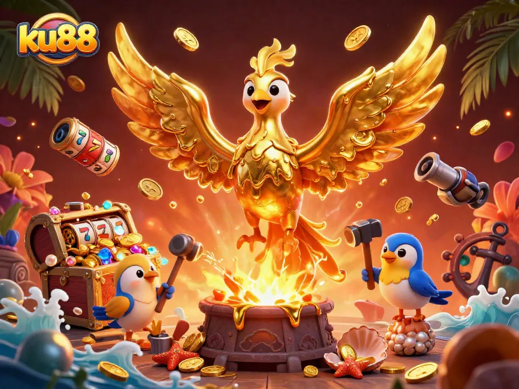ku88 gaming illustration showcasing a molten metal phoenix amid explosive slot reels and gold coins.