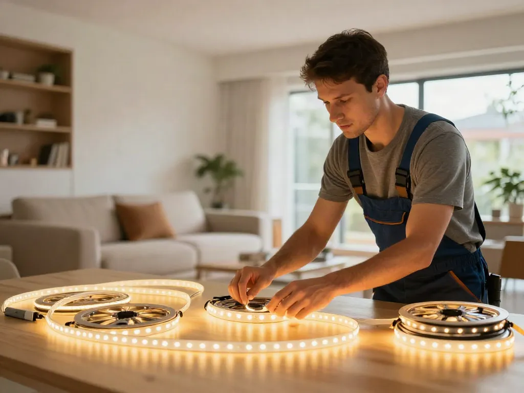 Instalare bandă led 220v de către un profesionist într-un mediu de locuit primitor.