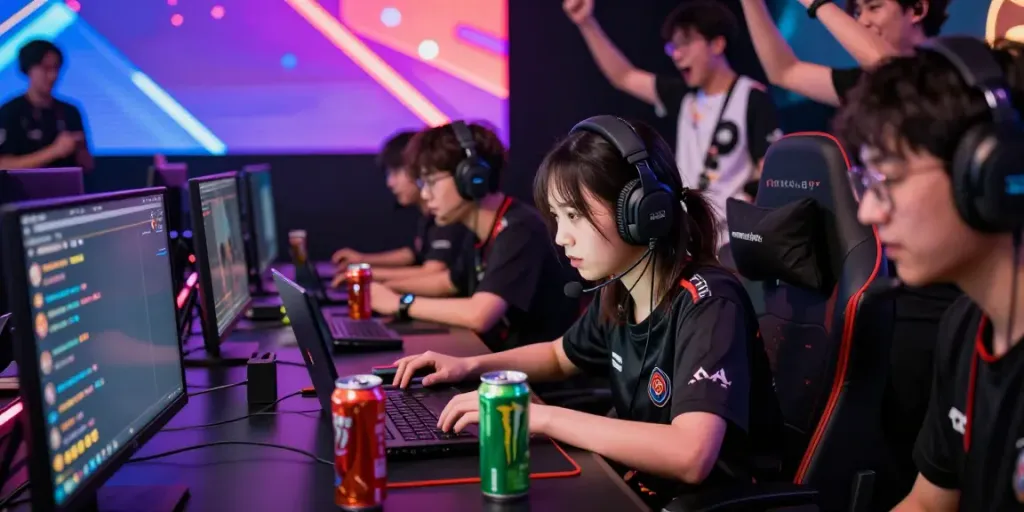Players engaged in an intense rokok88 gaming session, showcasing vibrant screens and competitive atmosphere.