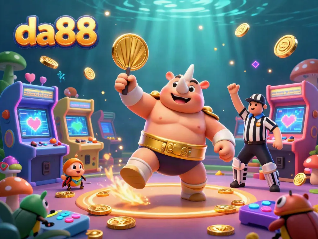 Experience the thrilling action at da88 with the rhinoceros beetle sumo champion unleashing gold coins.