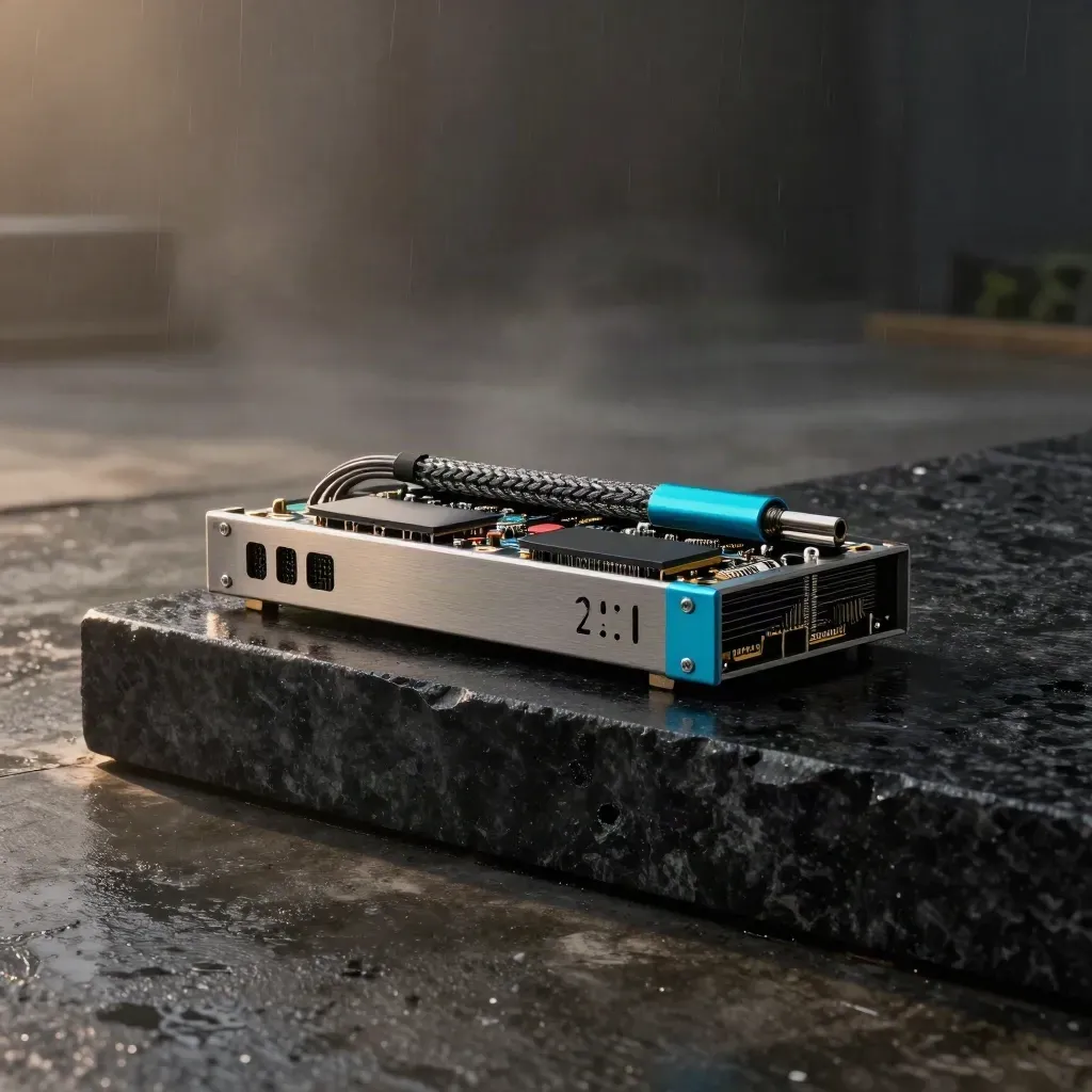 Stacked AI accelerator cards on a wet stone plinth with cyan clip and rain mist.