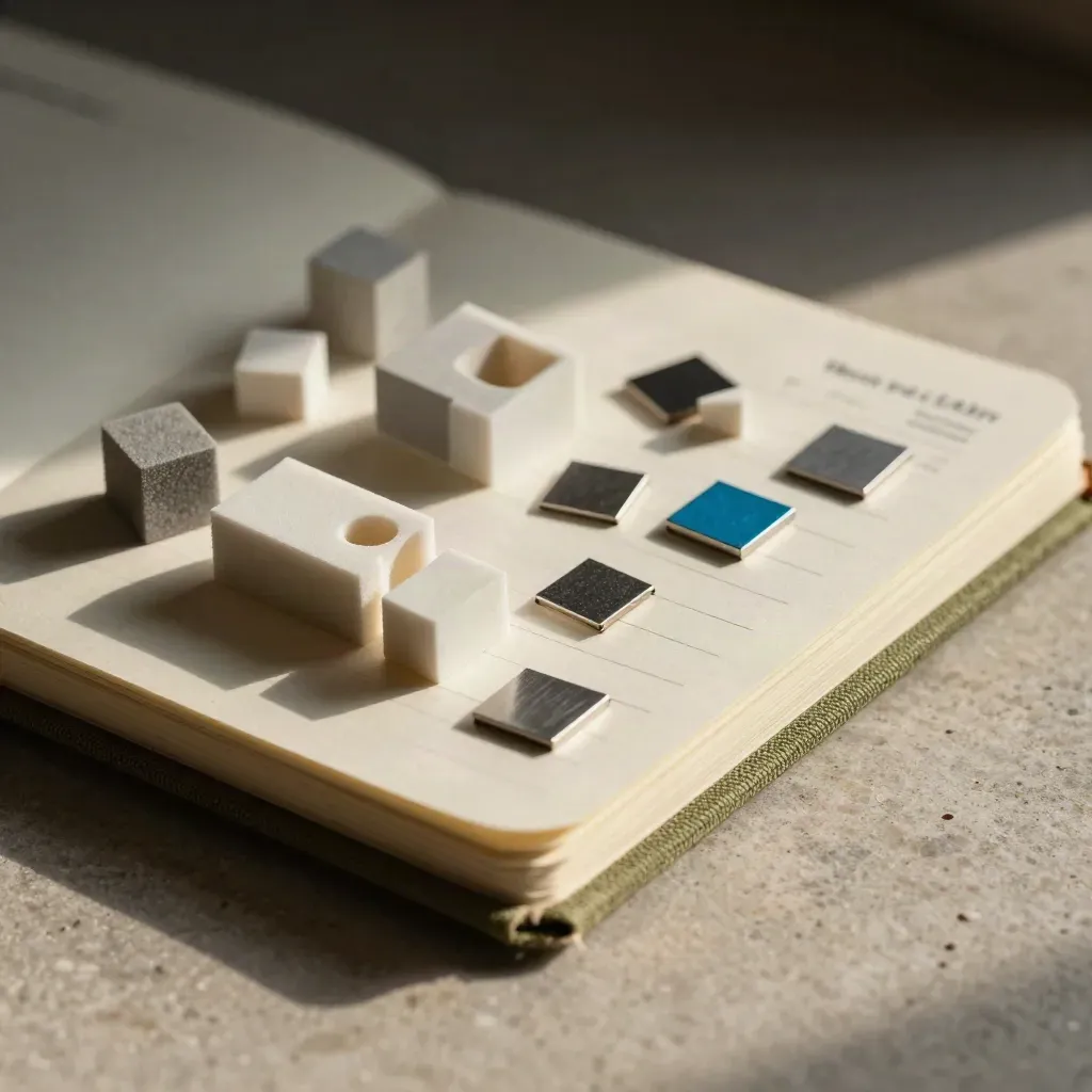 Macro still life of a cloth notebook, foam mockups, and anodized chips on stone.