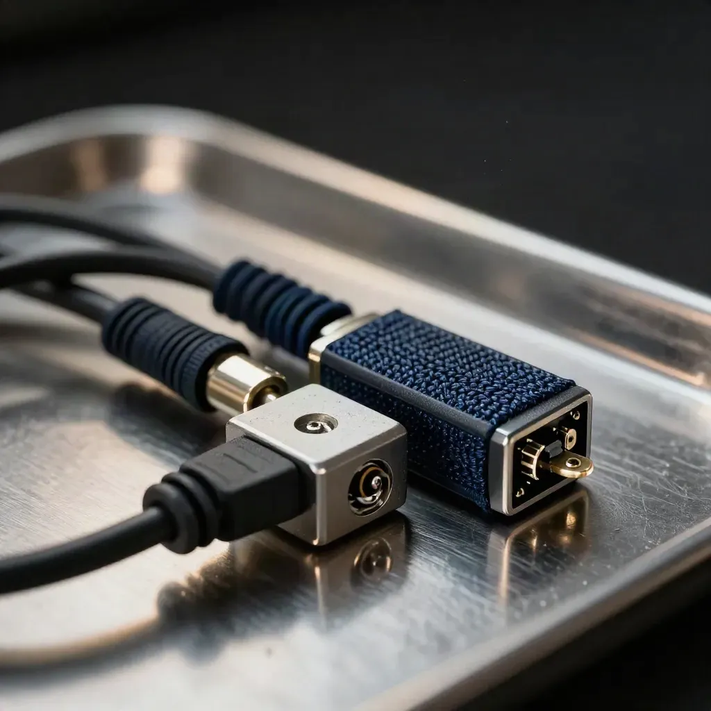 Security token, braided patch leads, and a relay module on steel, seen through a cable loop.