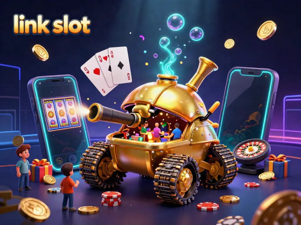 Experience the thrill of a link slot with a golden beetle tank showcasing a miniature casino.