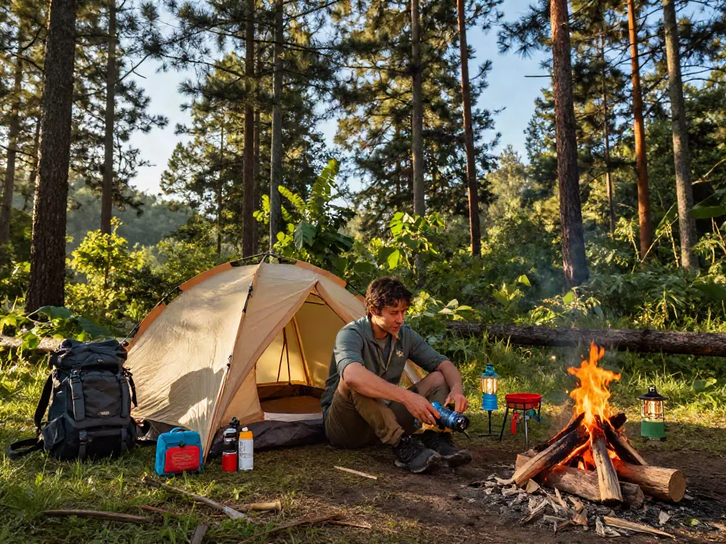 Explore outdoor adventures with ROKOK88 x Annie's Collections camping gear in a picturesque forest.
