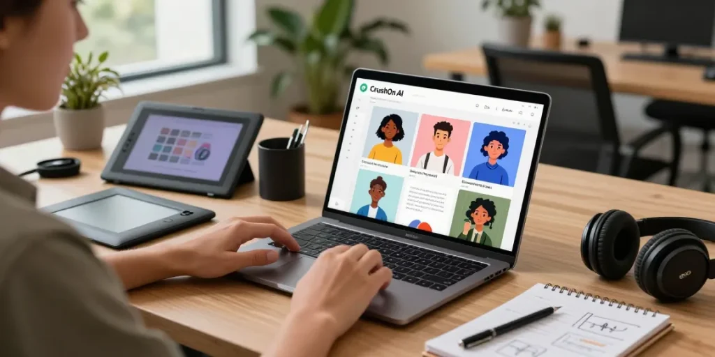 Engaging with CrushOn AI on a modern laptop in a vibrant workspace.