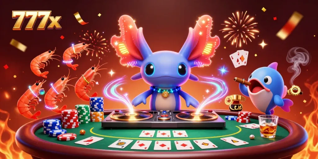 Experience the vibrant 777x casino world with neon characters celebrating wins around a poker table.